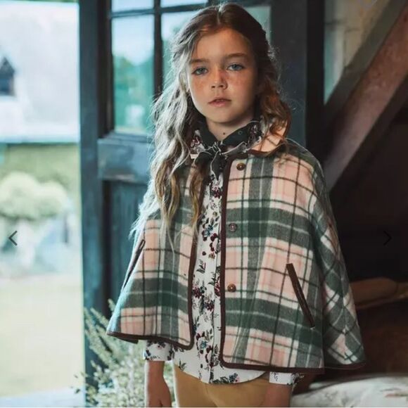 Janie & Jack 2T Plaid Kids Twill Wool Cape Coat - Pink and Green - Picture 1 of 5